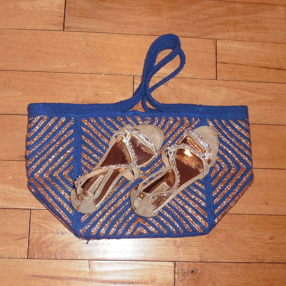 Badgley Mischka Jeweled Embellished Gold Leather Sandals 6.5 & Fabulous Bag Tote